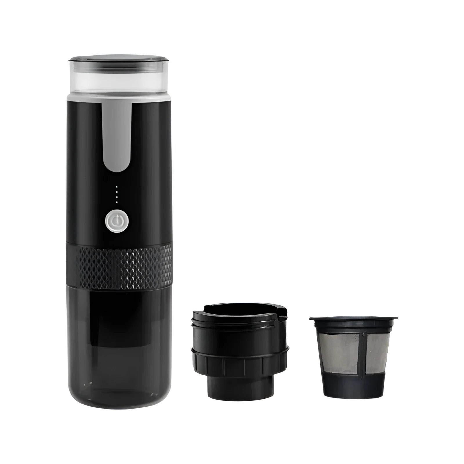 Black portable K Cup coffee machine for outdoor camping and car use with capsule compatibility