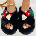 Women's Christmas hat decoration slippers in faux plush, showing black, khaki, and white colour options.