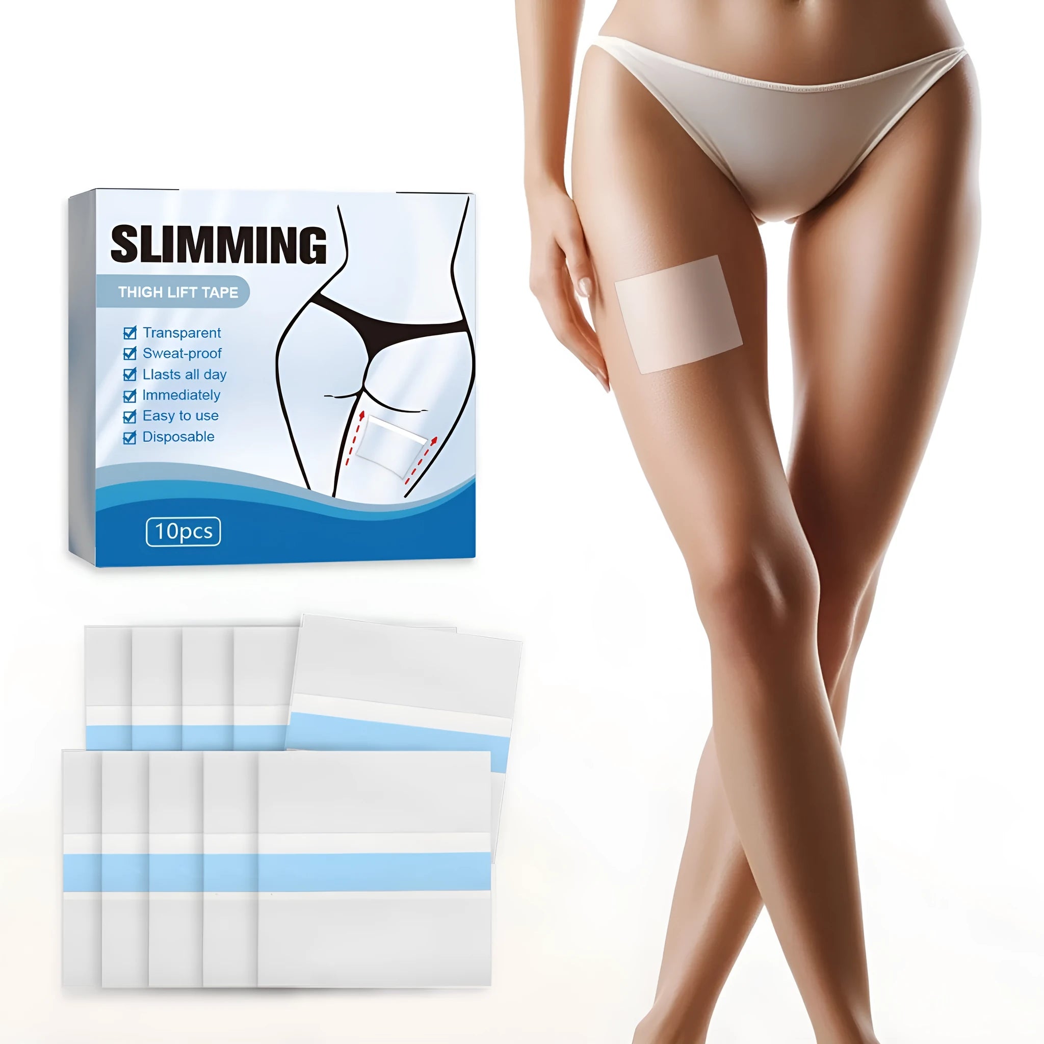 Box of 10 white body shaping adhesive patches, each measuring 12cm by 12cm.