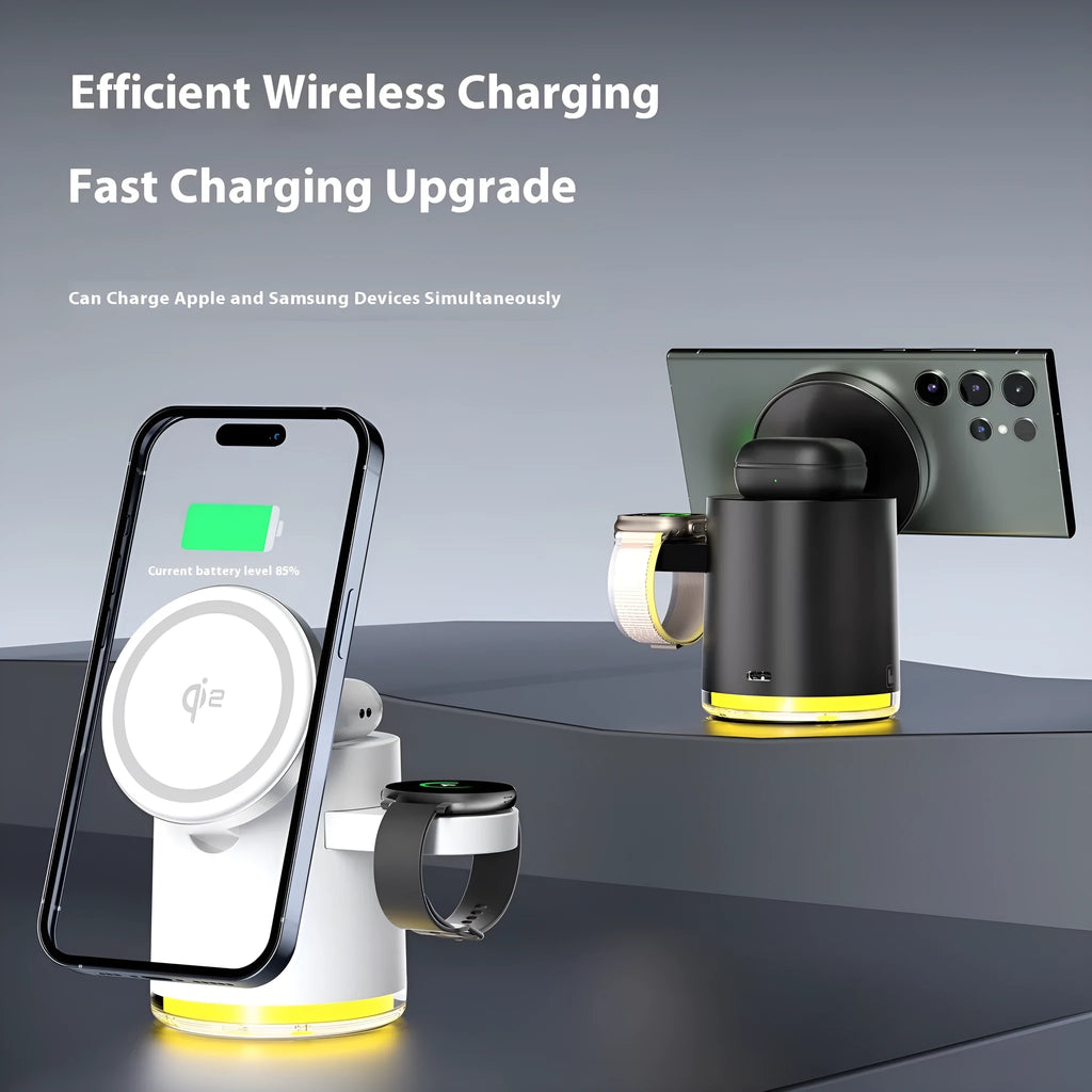 Black C16 three-in-one magnetic wireless folding charger for iPhone, Apple Watch and AirPods on a wooden desk.