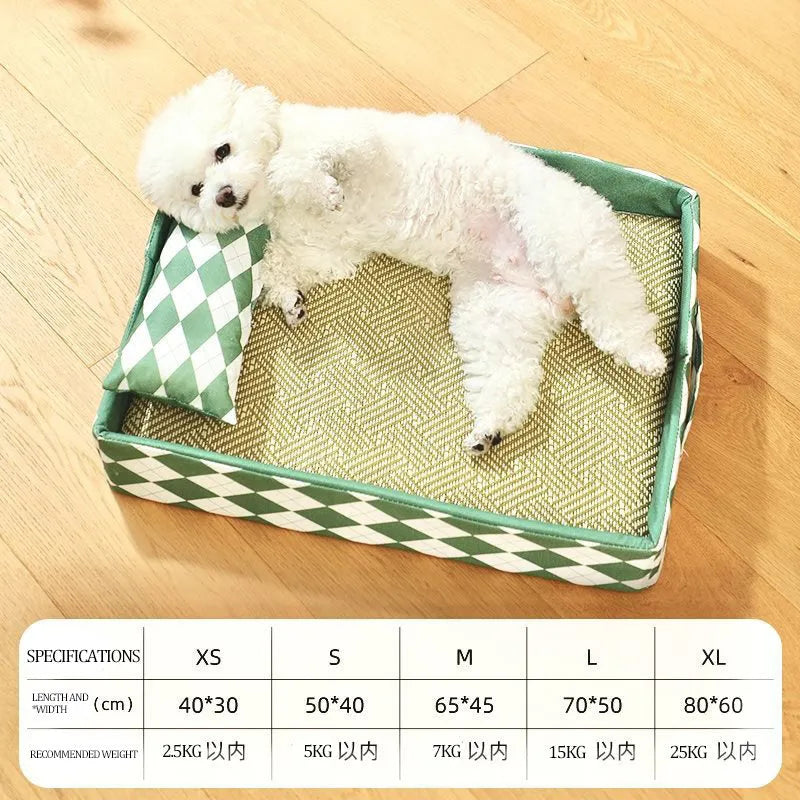 Blue rattan-textured cat litter mat and bed next to a litter tray
