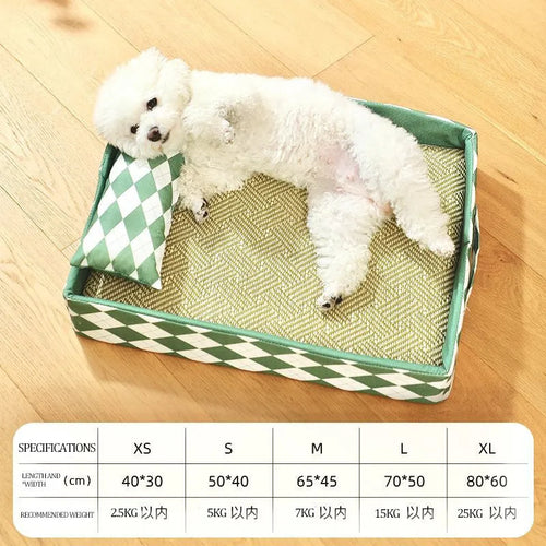 Blue rattan-textured cat litter mat and bed next to a litter tray