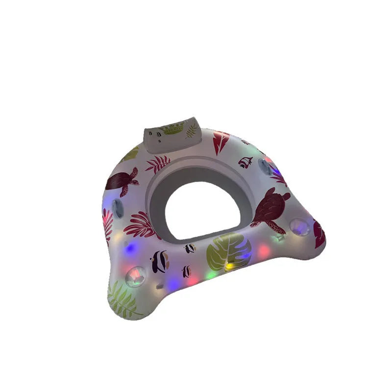 White U-shaped inflatable pool float with LED lights illuminated on water