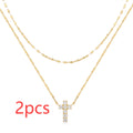 Sterling silver double layer twin diamond cross pendant necklace with geometric design on clavicle chain