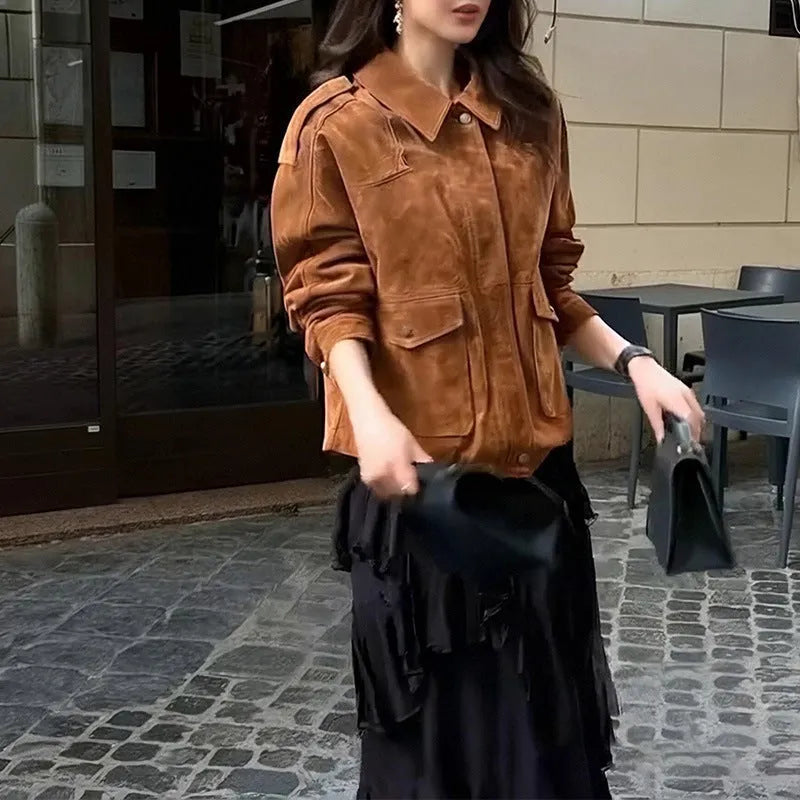 Women's bright brown polyester suede coat with regular sleeves, street chic design