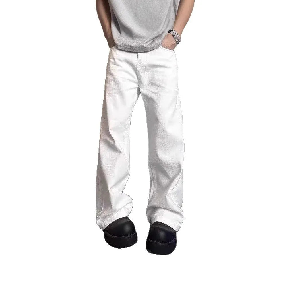 Men's white straight leg denim jeans with mid waist and zipper fly