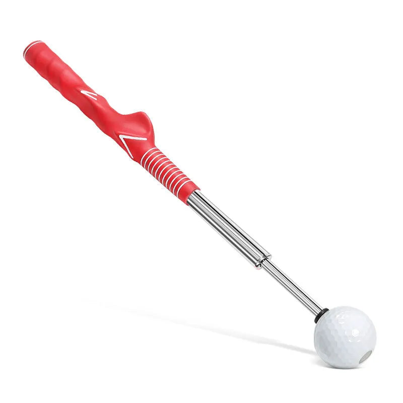 Stainless steel telescopic golf swing trainer simulator in black, blue, or red.