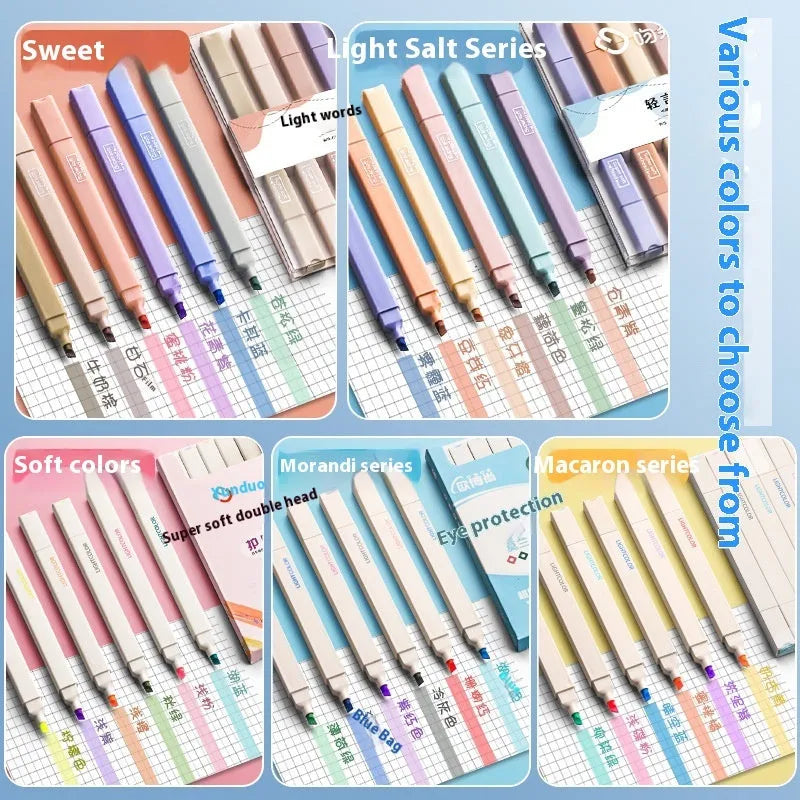 Double-headed fluorescent marking pens showing two different coloured tips on each pen
