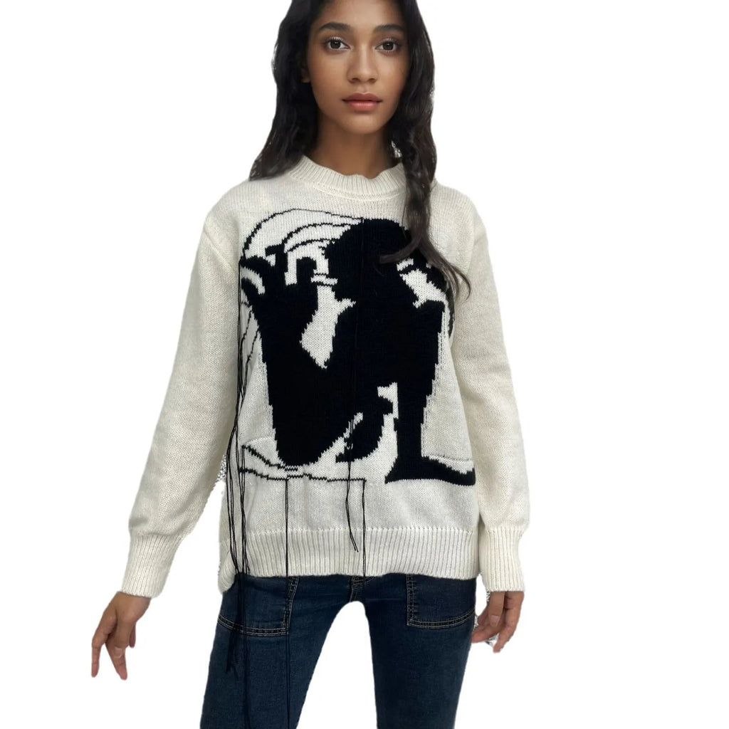 Women's grey Alpaca wool sweater with tassel detailing and abstract pattern in loose street fashion style