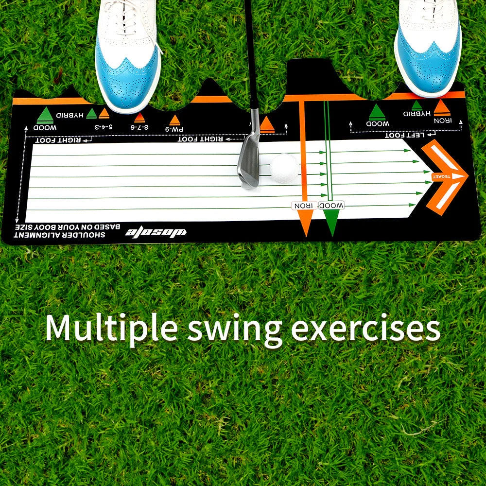 Black neoprene golf swing stance alignment pad with directional markings for training.