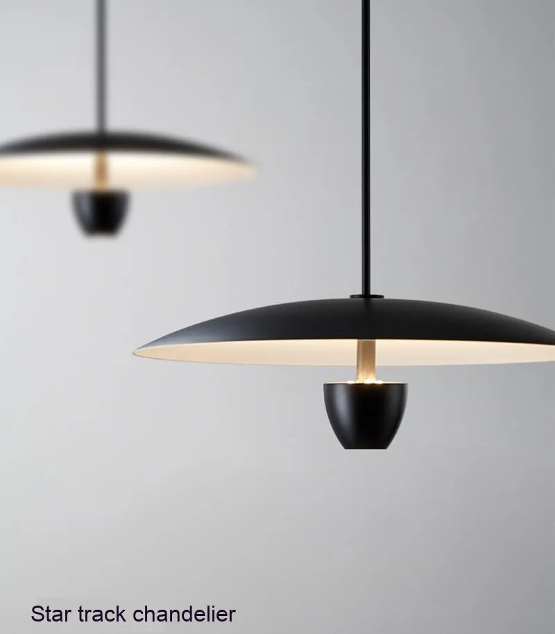 Black modern minimalist ceiling chandelier with warm white light, 400mm wide.
