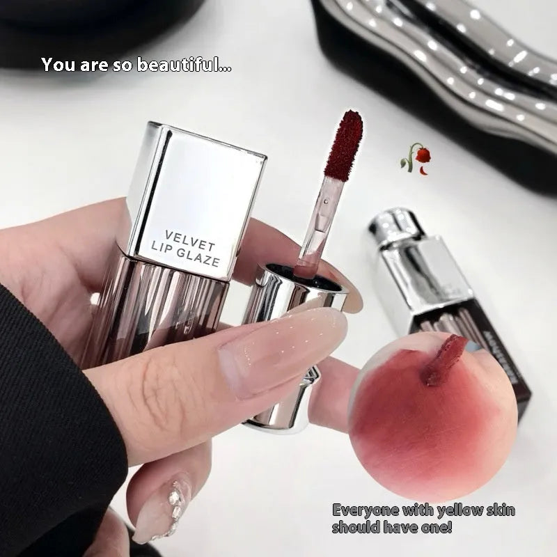 Kakashow lock colour velvet lip paint in matte finish showing six shade options including cream smoked apricot and cherry fromage