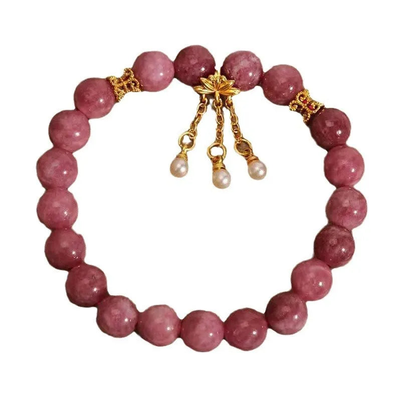 Pink lotus flower tassel bracelet with pearl pendant and natural stone beads