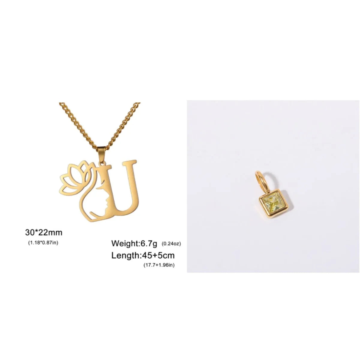 Stainless steel necklace with cross chain design and single letter pendant in gold or silver electroplated finish