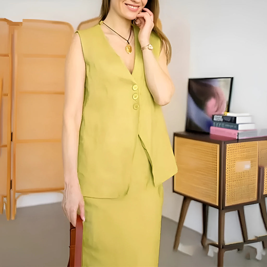 Blue women's two-piece lounge set with sleeveless top and long skirt on a hanger