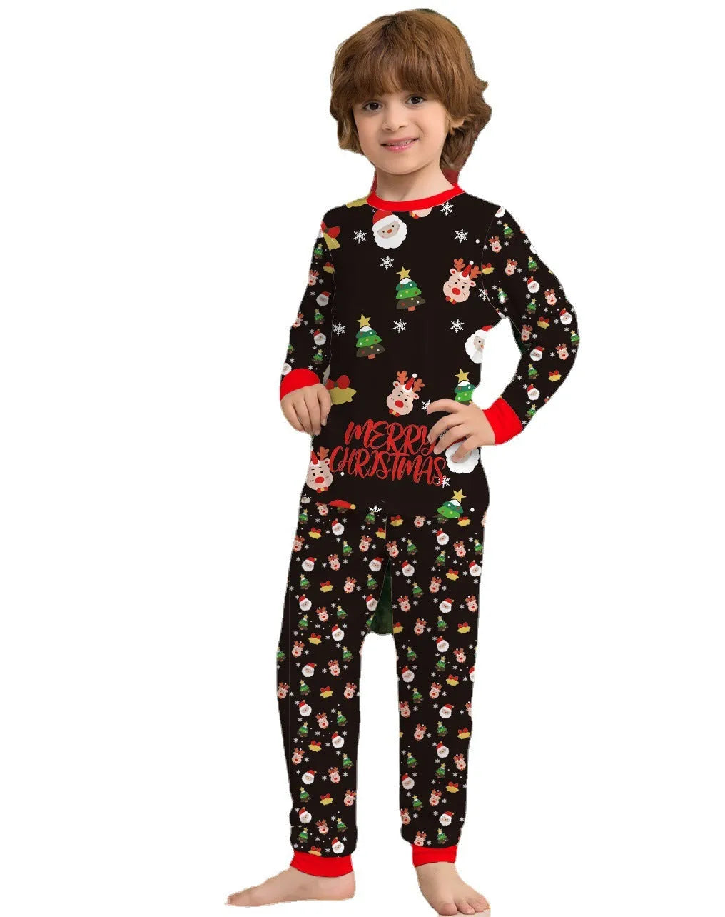 Family Christmas matching pyjamas set in cotton fabric with plaid and cartoon designs
