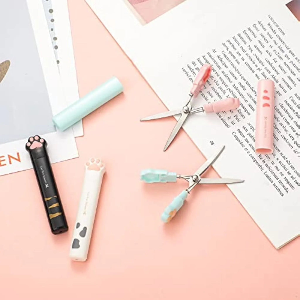 Cat paw mini folding scissors in four colours with stainless steel blades measuring 8.7 cm