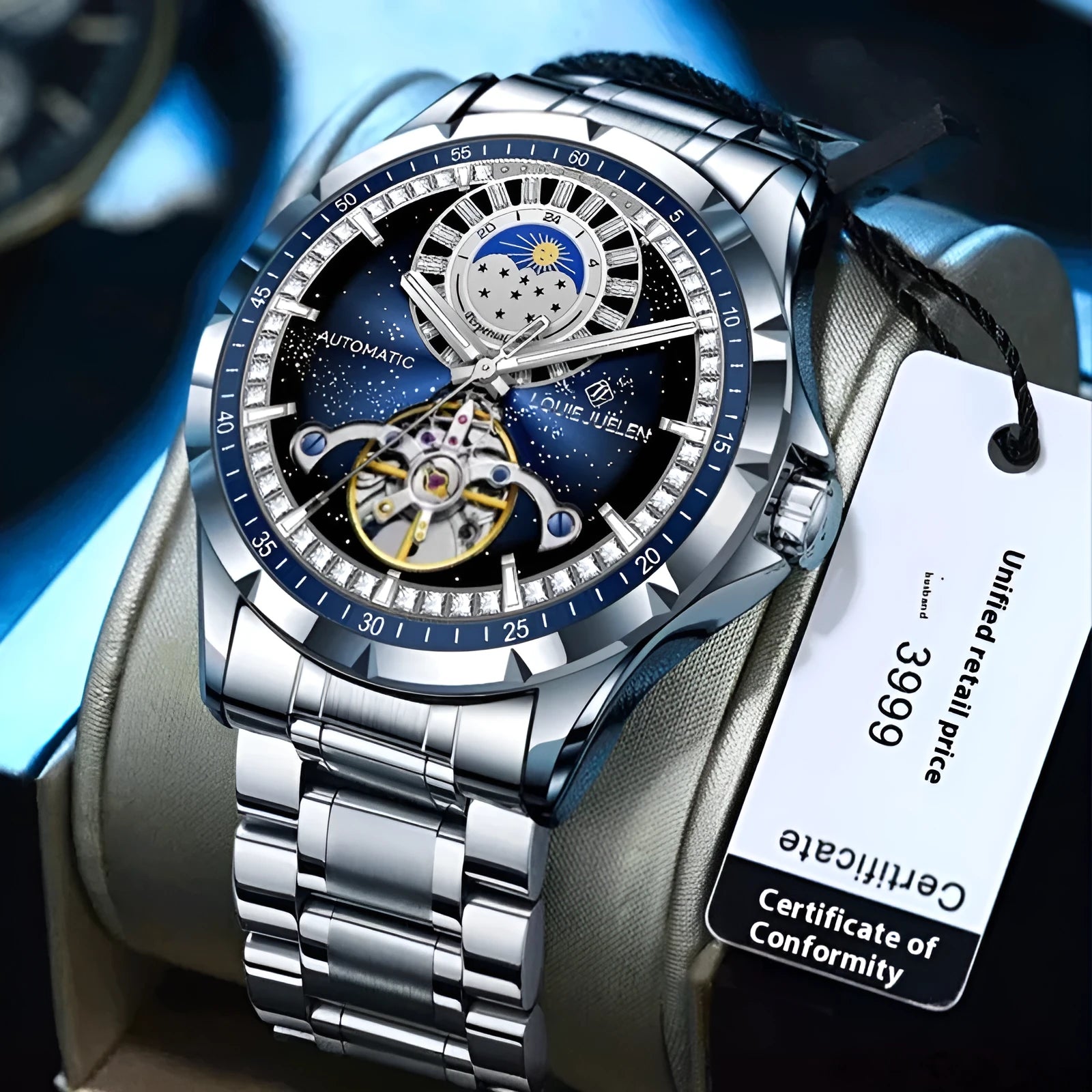 Men's silver case blue dial waterproof automatic mechanical watch with stainless steel strap