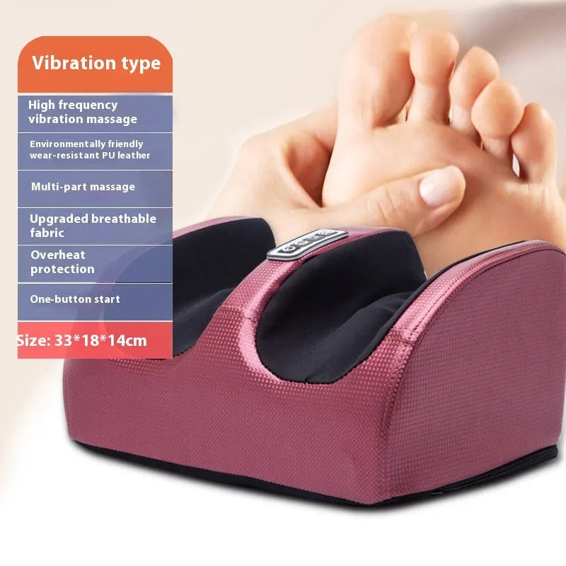 Automatic foot massage machine in gold colour with remote control on a wooden floor.