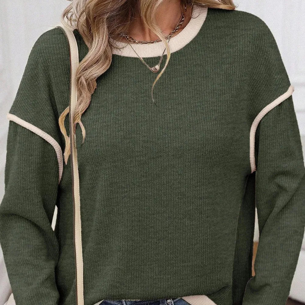 Women's loose knit top with contrast trim on sleeves, in beige, light pink or four leaf clover colour