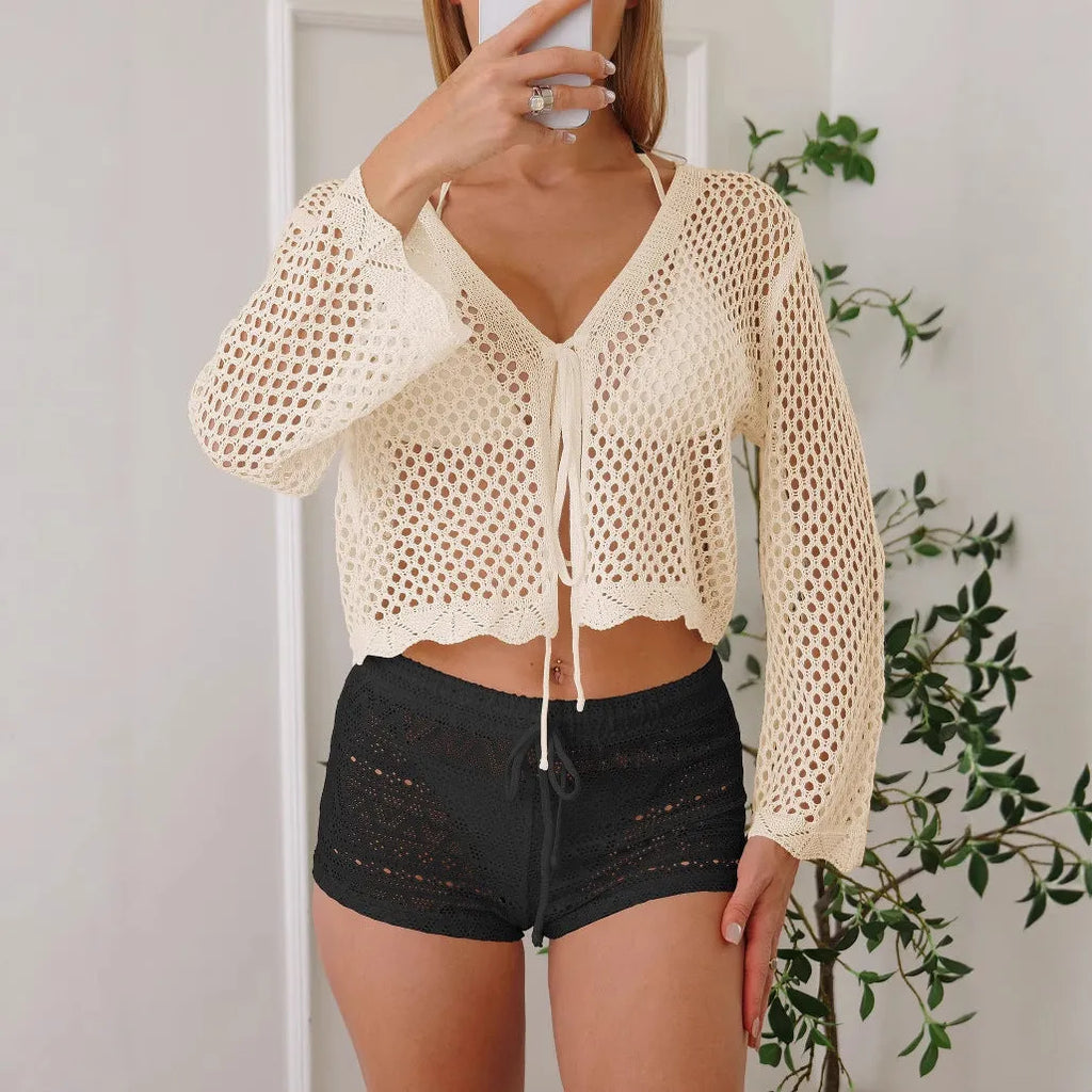 Women's cotton-like cardigan blouse with hollow woven fabric and bell sleeves in apricot colour