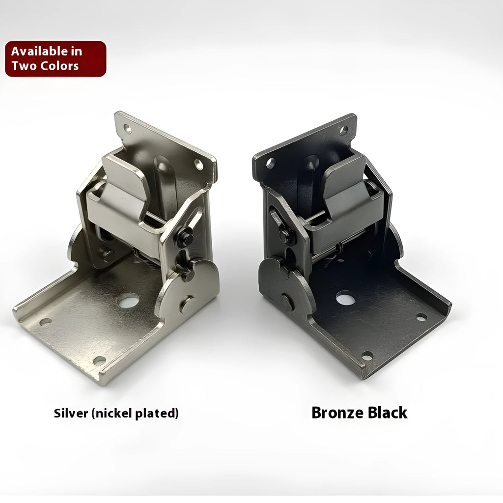 Close-up of a self-locking furniture folding hinge in an electroplated finish, set at a 90-degree angle.