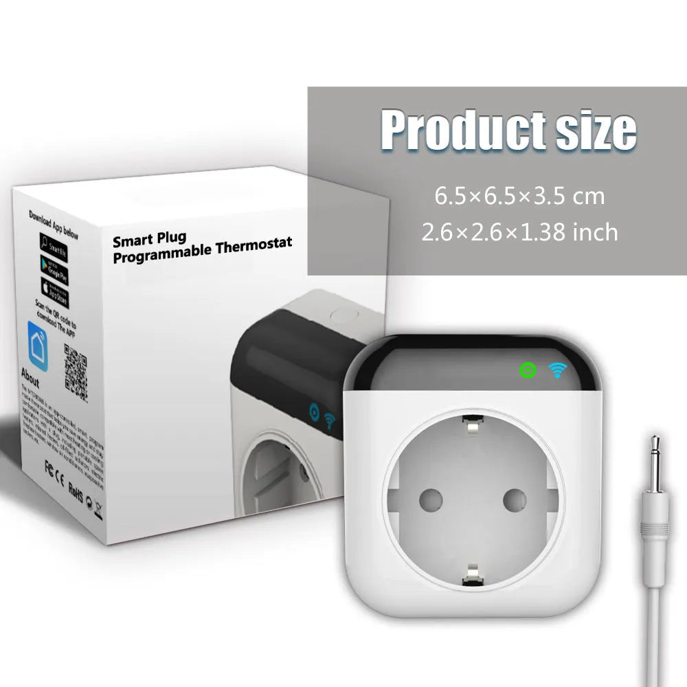 White Tuya temperature control switch socket with three US outlets and external temperature probe