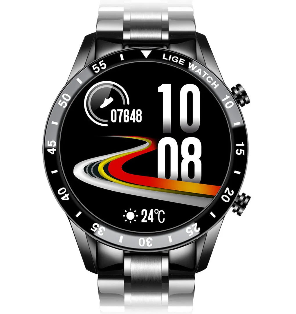 Smart watch with stainless steel band and 1.3 inch screen showing step counter interface