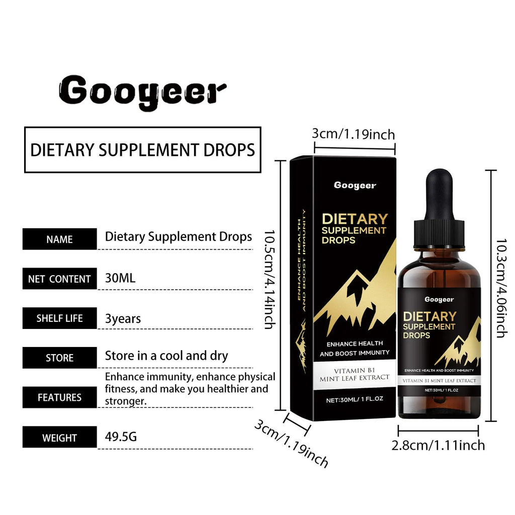 Bottle of dietary supplement drops with dropper for measured liquid nutrition servings