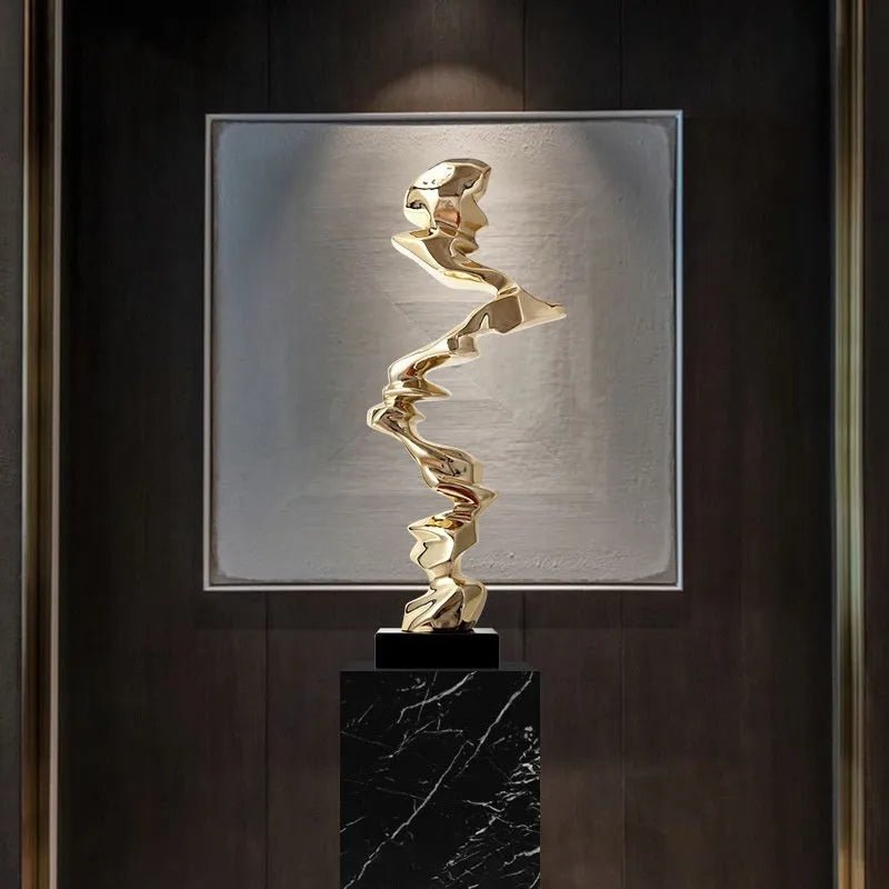 Modern minimalist abstract sculpture in natural resin, available in bright gold, elegant silver, or phantom blue.