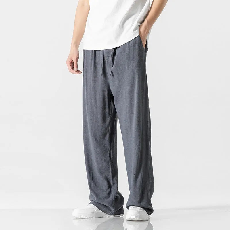 Men's bamboo fibre summer trousers with drawstring waist and cropped straight-leg design in solid colours