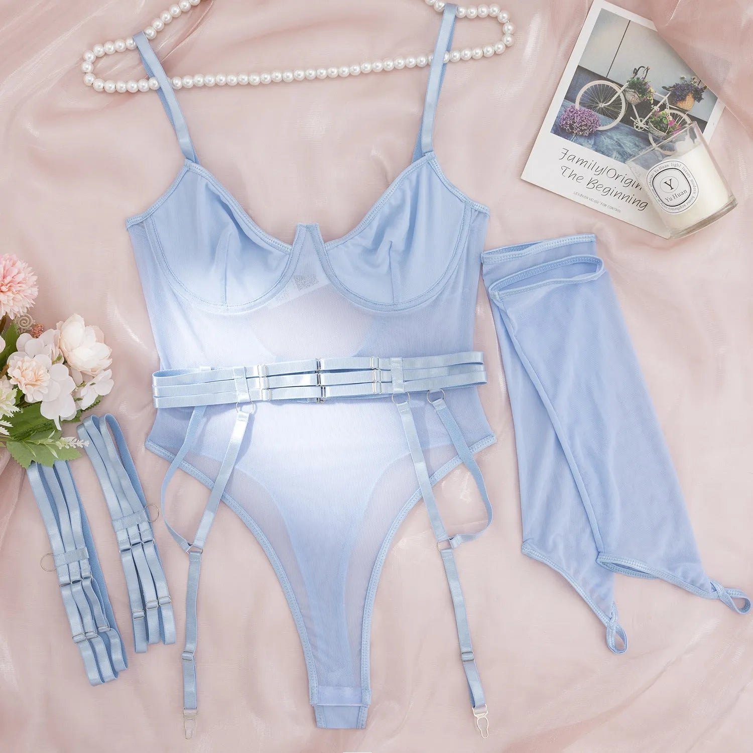 Transparent black mesh jumpsuit for women with form-fitting design for cosplay and sukumizu fashion