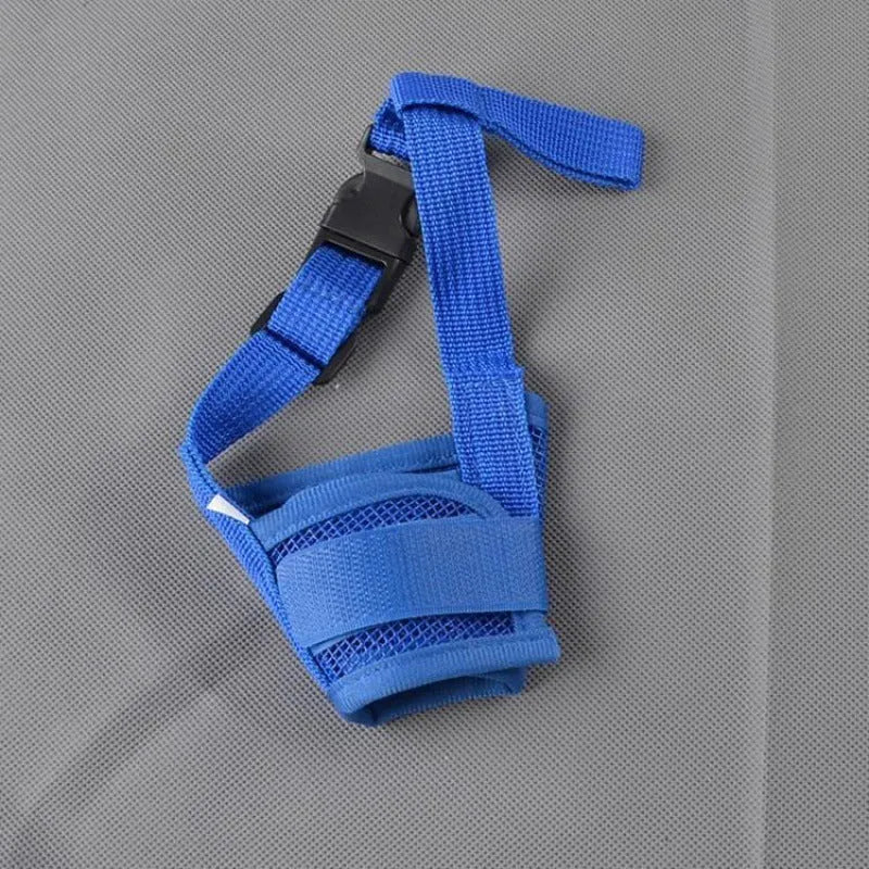 Adjustable plastic dog muzzle in multiple colours showing five size options for biting and barking control