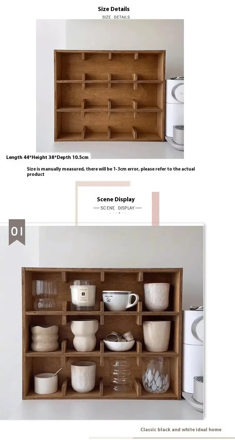 Solid birch wood multi-layer cup storage rack with square design and grid compartments