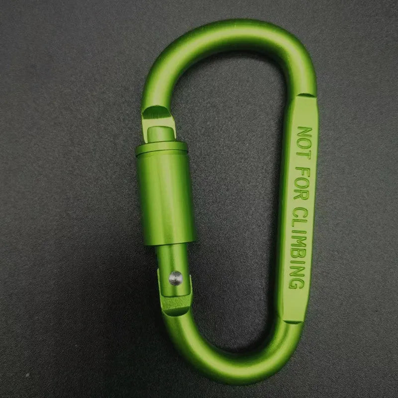 D-type aluminium climbing carabiner with twist-lock gate in multiple colour options showing 8cm flat profile