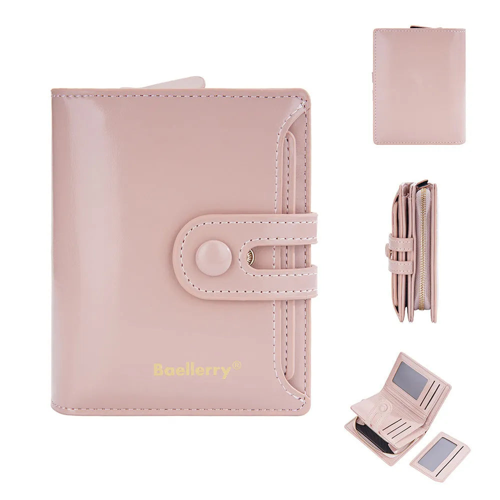 Women's PU leather card holder wallet showing colour options including lake water green and yellow brown