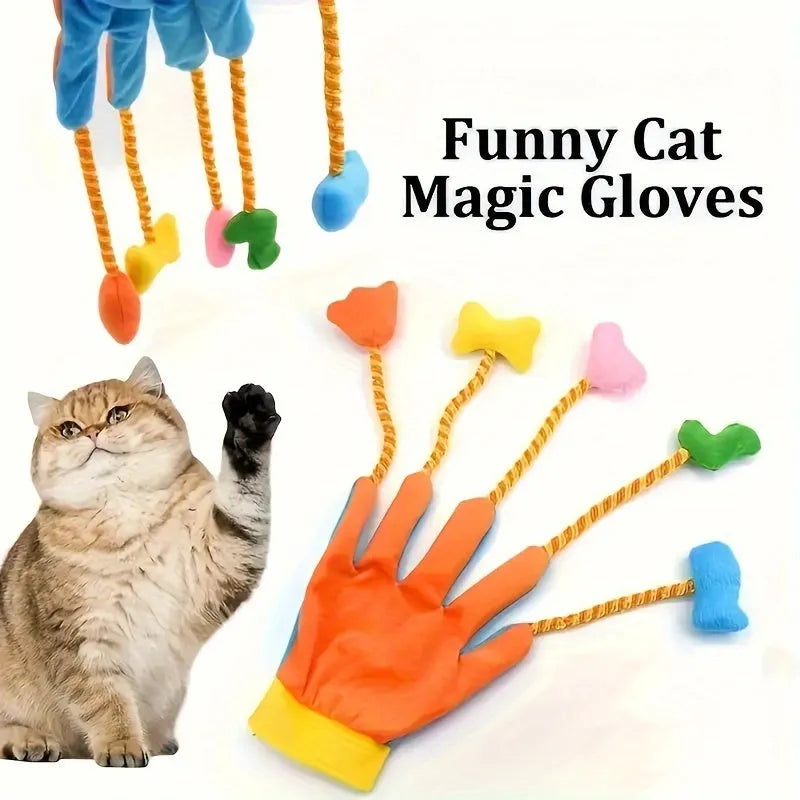 Yellow and blue plush glove cat toy with bell and detachable trailer measuring 40cm