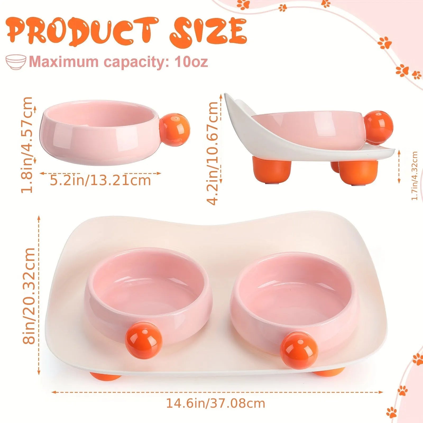Ceramic elevated pet feeding bowl set with two bowls and non-slip base in pink colour