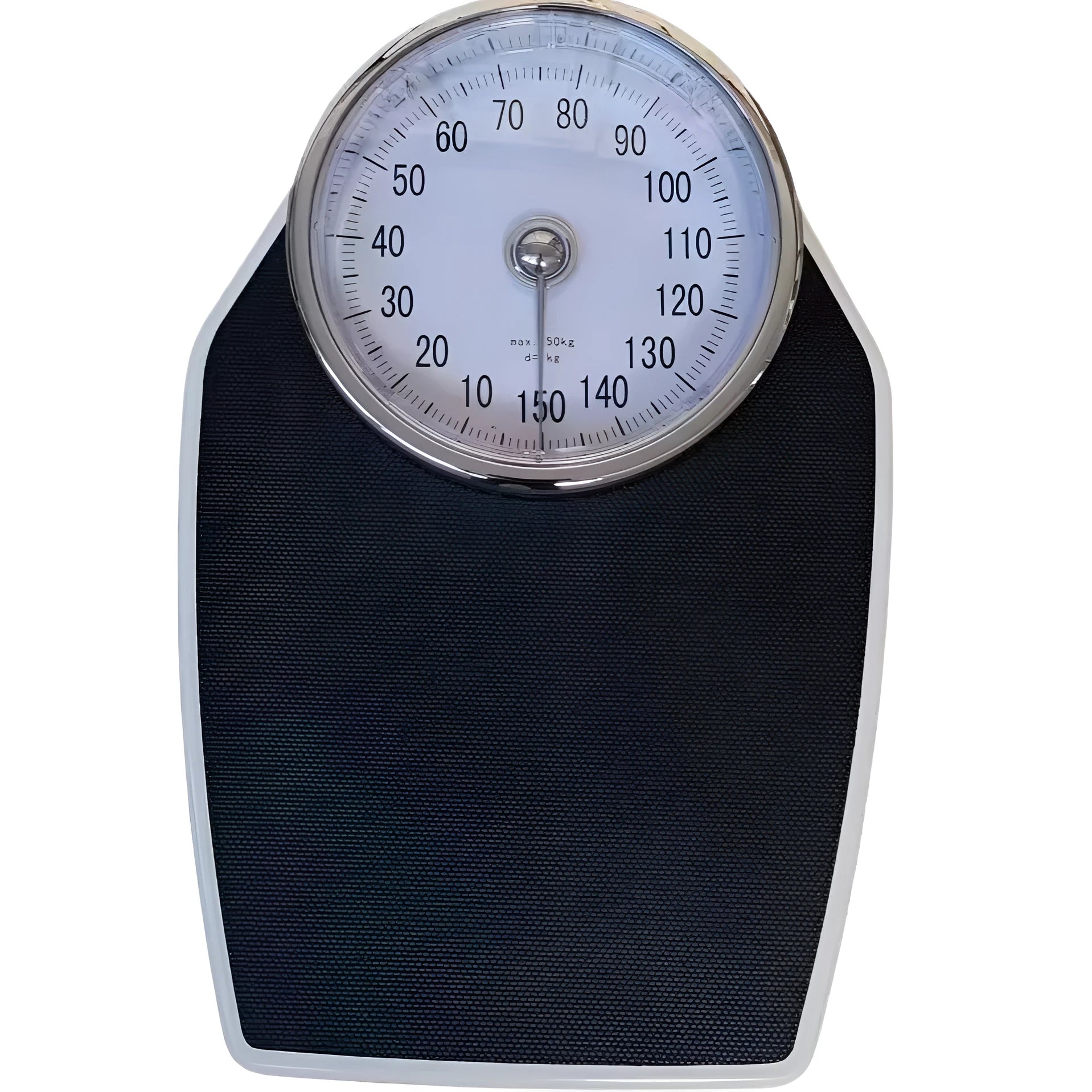 Black mechanical bathroom scale with large analogue dial showing weight measurement