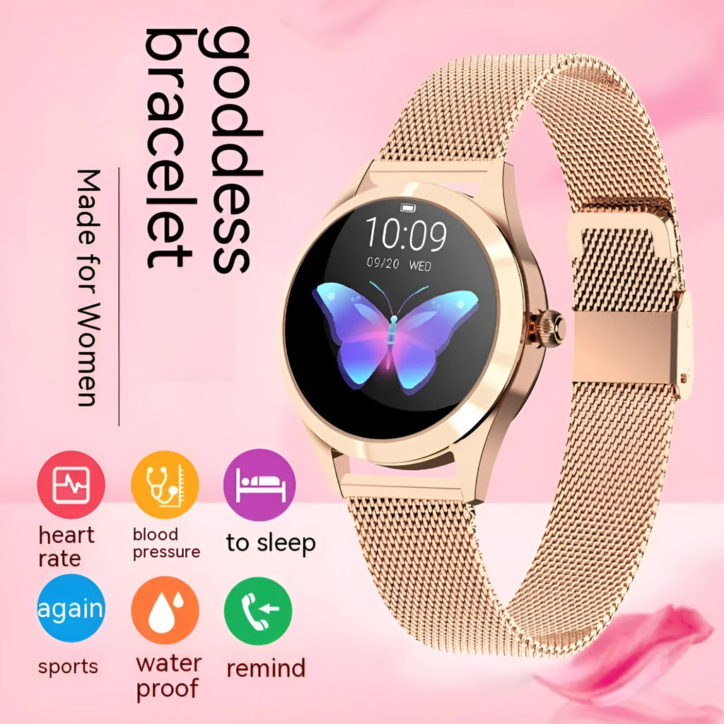 Women's smartwatch in black, rose gold, silver, or white with fitness tracking and phone notifications.