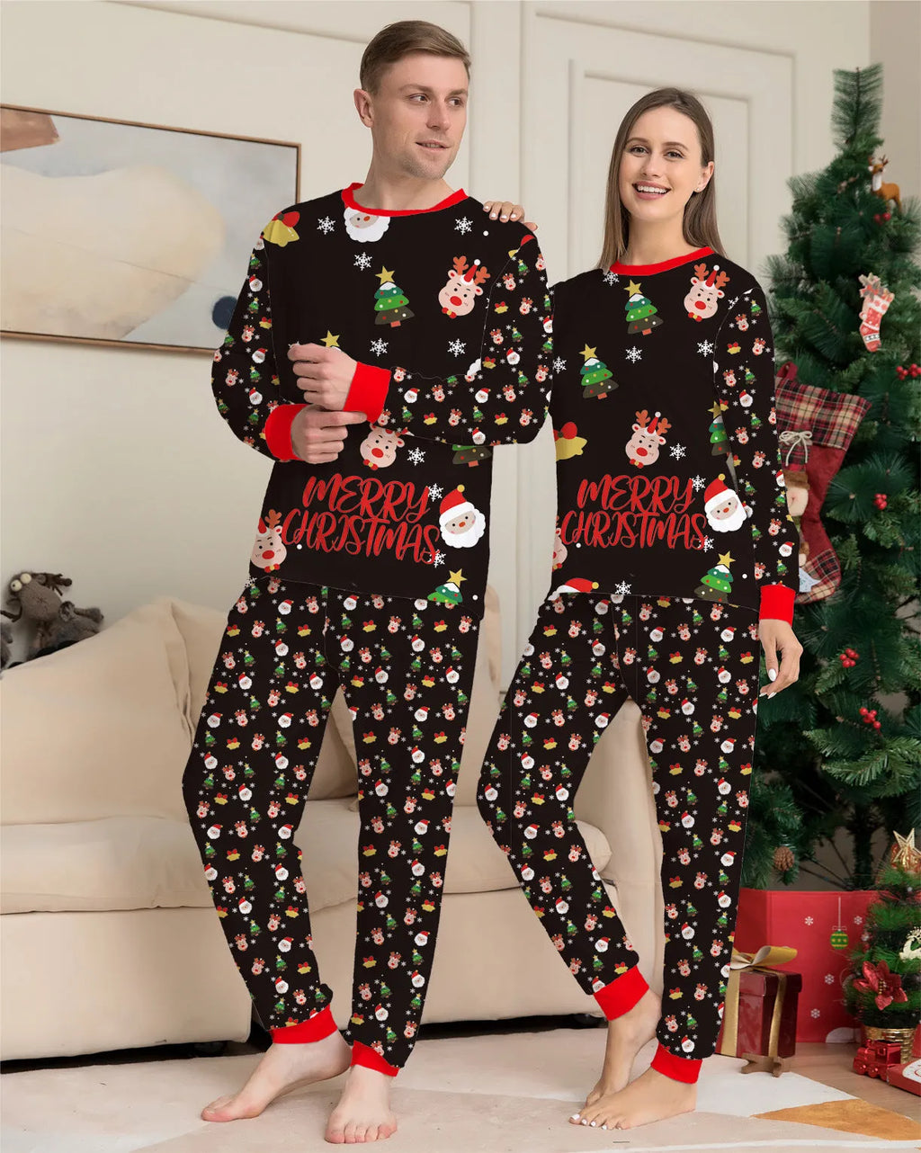 Family Christmas matching pyjamas set in cotton fabric with plaid and cartoon designs