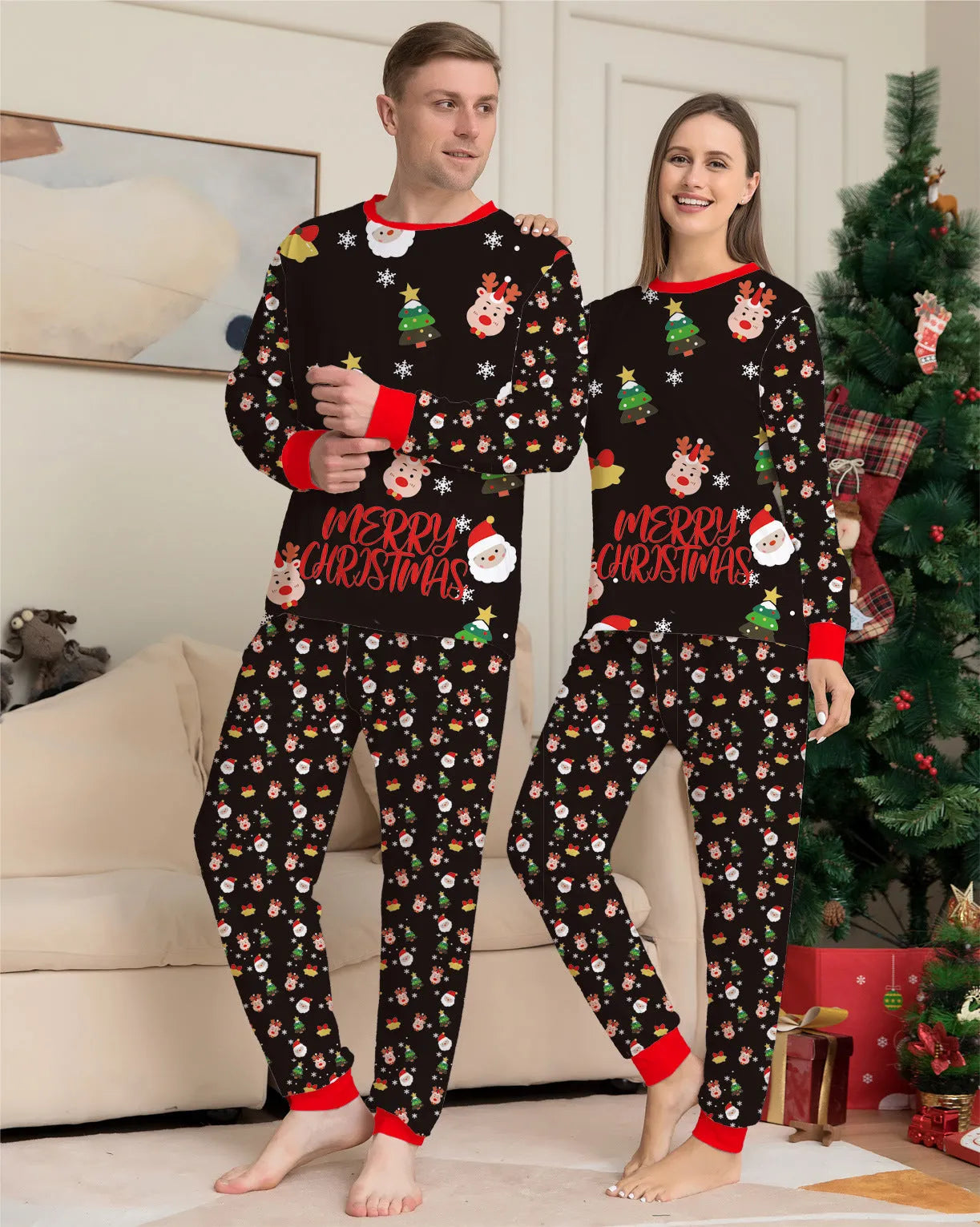 Family Christmas matching pyjamas set in cotton fabric with plaid and cartoon designs