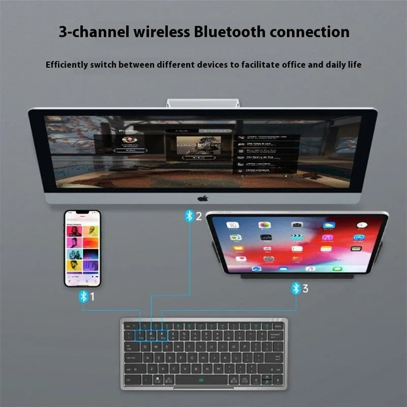 Black and grey three-in-one wireless Bluetooth keyboard with leather sheath and stand for iPad.
