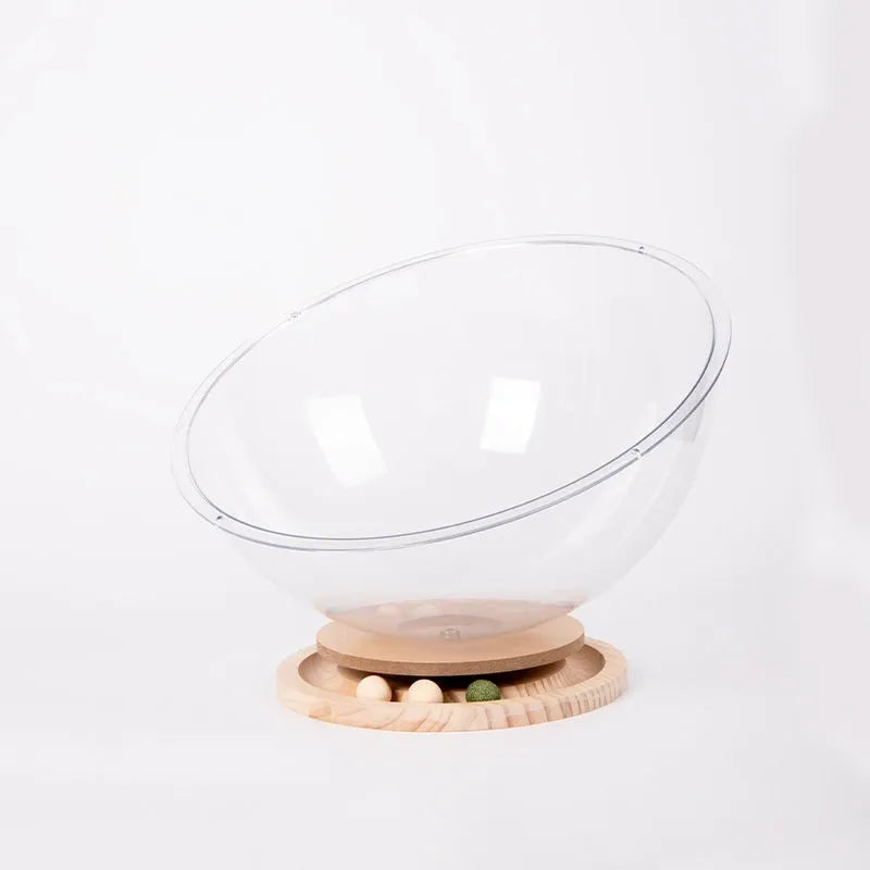 Transparent acrylic cat space capsule bathtub bed with turntable base on wooden floor