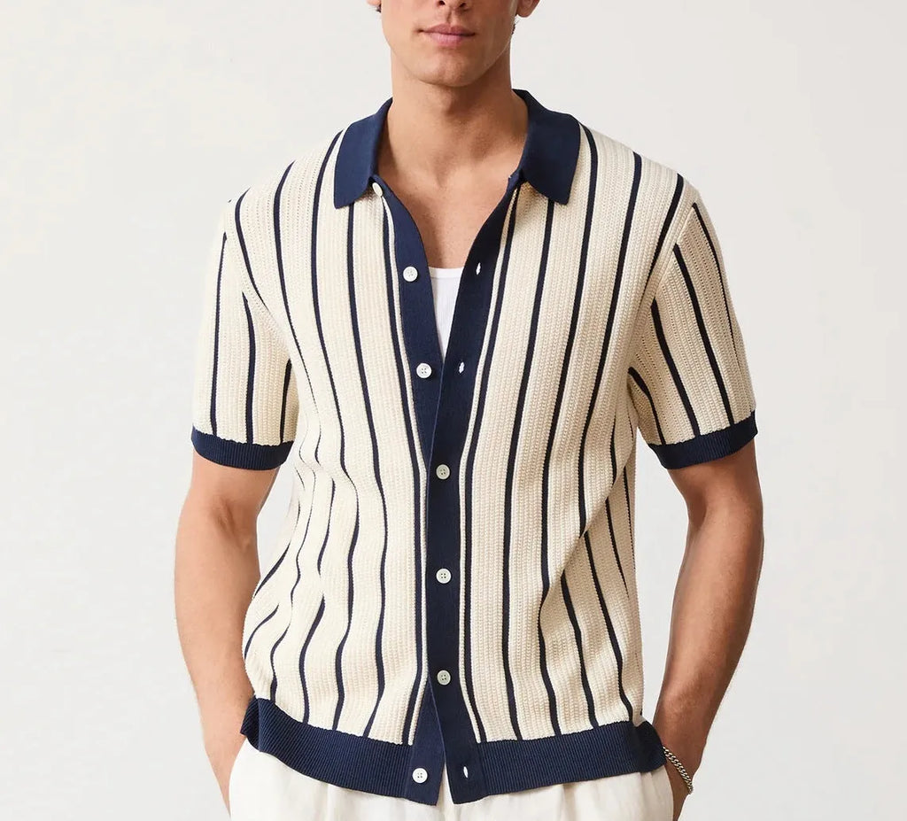 Men's white asymmetric lapel knitted top with short sleeves and a striped pattern.