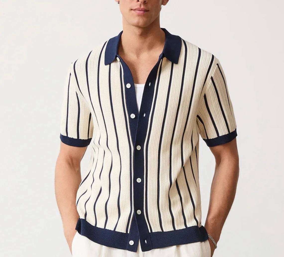 Men's white asymmetric lapel knitted top with short sleeves and a striped pattern.