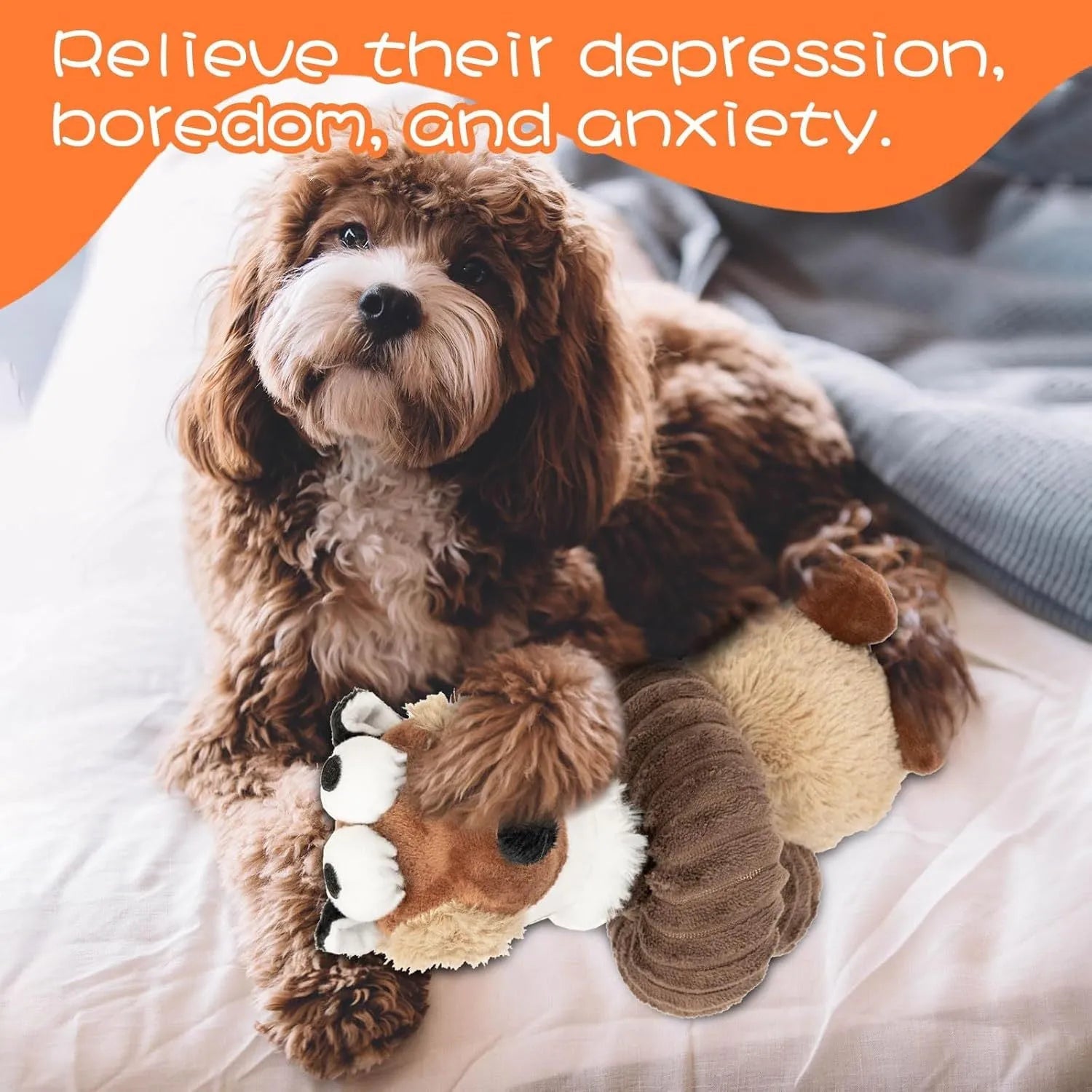 Brown, grey, and yellow plush stuffed dog toys with a squeaker and foldable design
