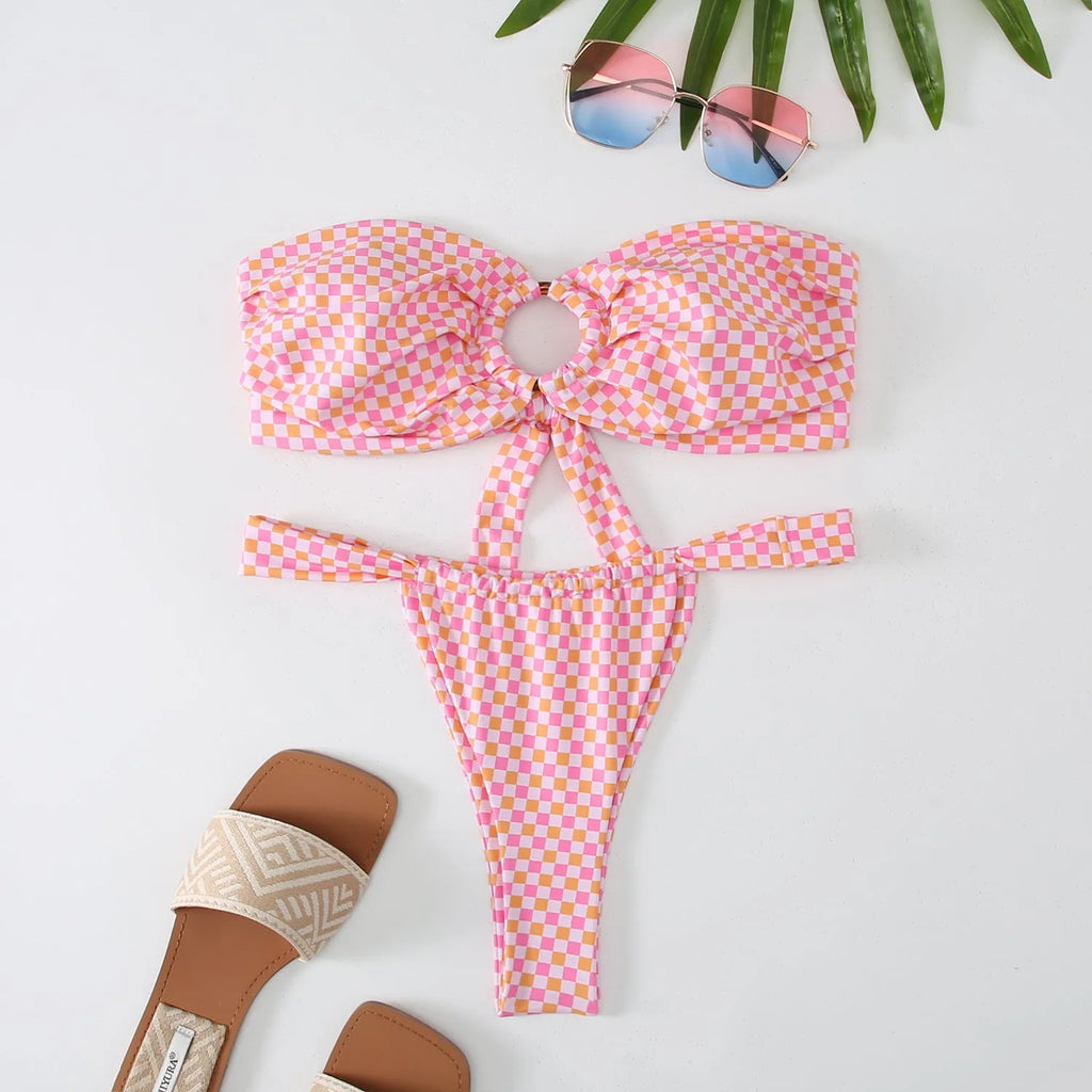 Women's floral print tube top bikini with ring detail and backless briefs