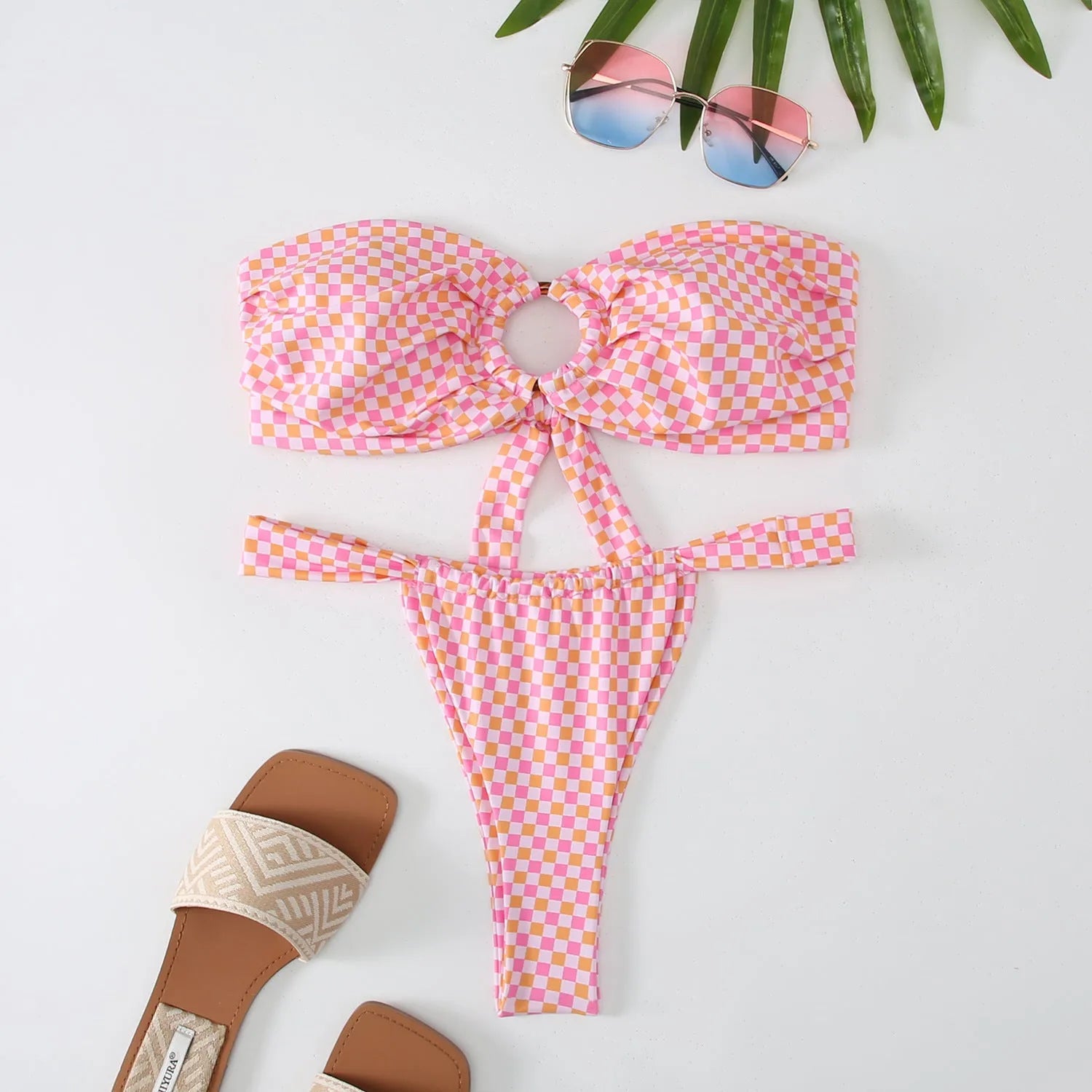Women's floral print tube top bikini with ring detail and backless briefs