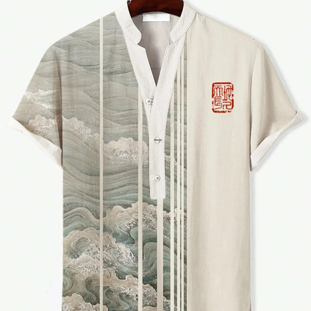 3D digital animal pattern short sleeve shirt on a hanger, showing the print detail.